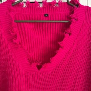 Vibrant Pink Ribbed V-Neck Sweater